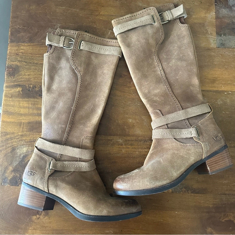 UGG 1004172 Brown Suede Leather‎ Side Zip Tall Harness Riding Boots Women size 9